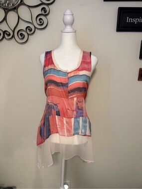 Vera Wang Striped Watercolor Sleeveless Layered Tank in Coral, Blue & Cream